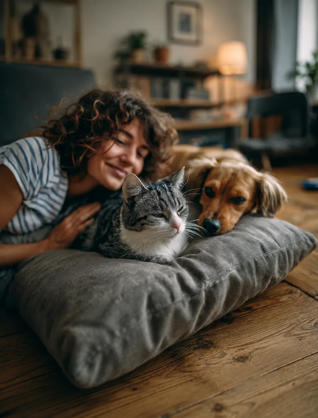 Pet owner with her dog and cat at home