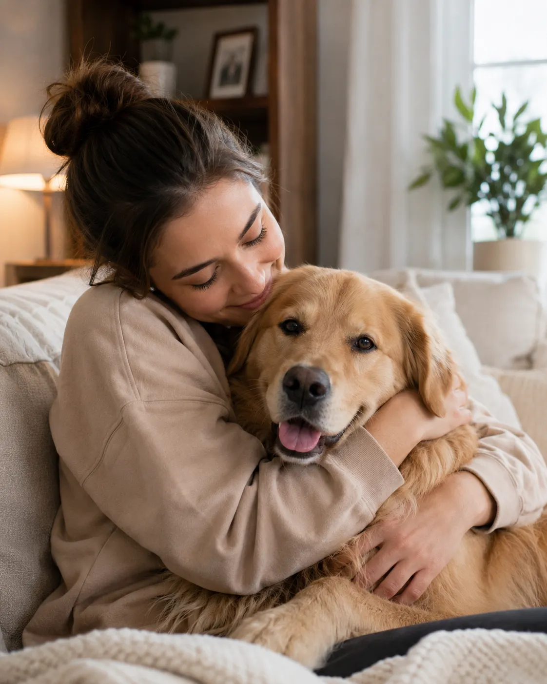 Pet owner hugging her dog at home